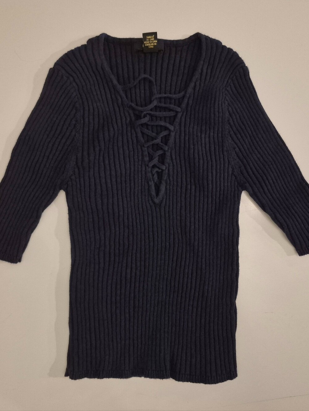 Forever 21 Dark Navy Ribbed Lace-Up V-Neck Sweater